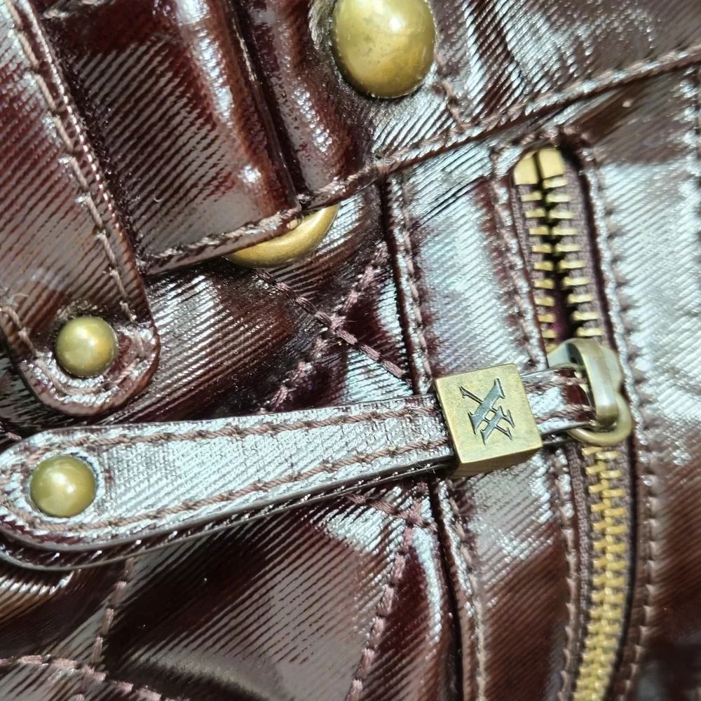 Maxx New York Majestic Hobo Patent Faux Leather Dark Brown Quilted Shoulder Bag